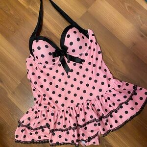 Pink Polka Dot Halter Babydoll swimsuit with Black Trim